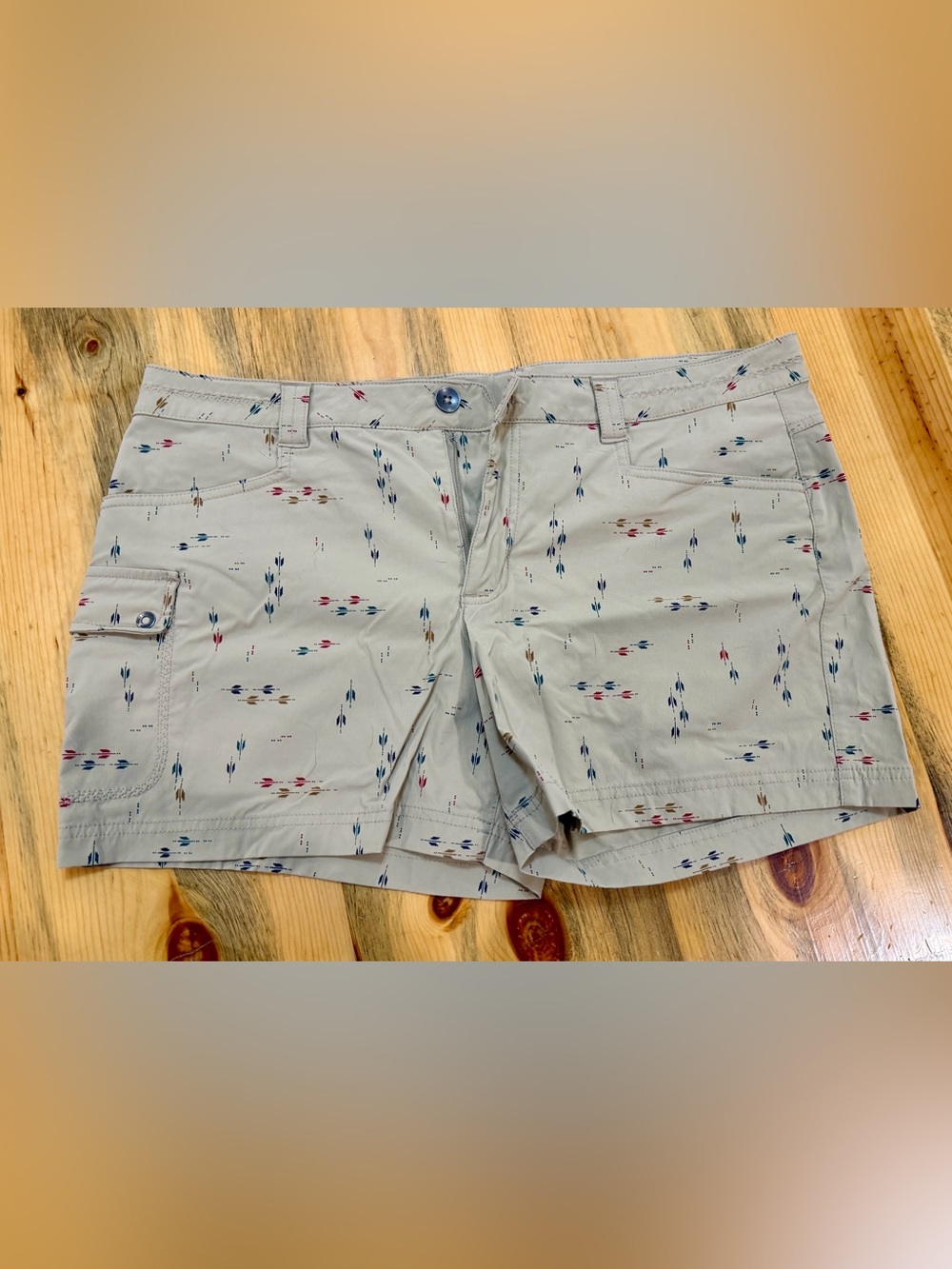 Eddie Bauer Beige Flat-Front Hiking Shorts with Multicolor Arrow Print
